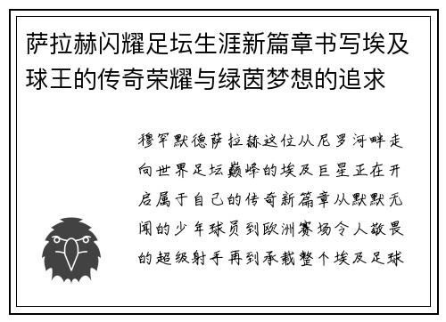 萨拉赫闪耀足坛生涯新篇章书写埃及球王的传奇荣耀与绿茵梦想的追求